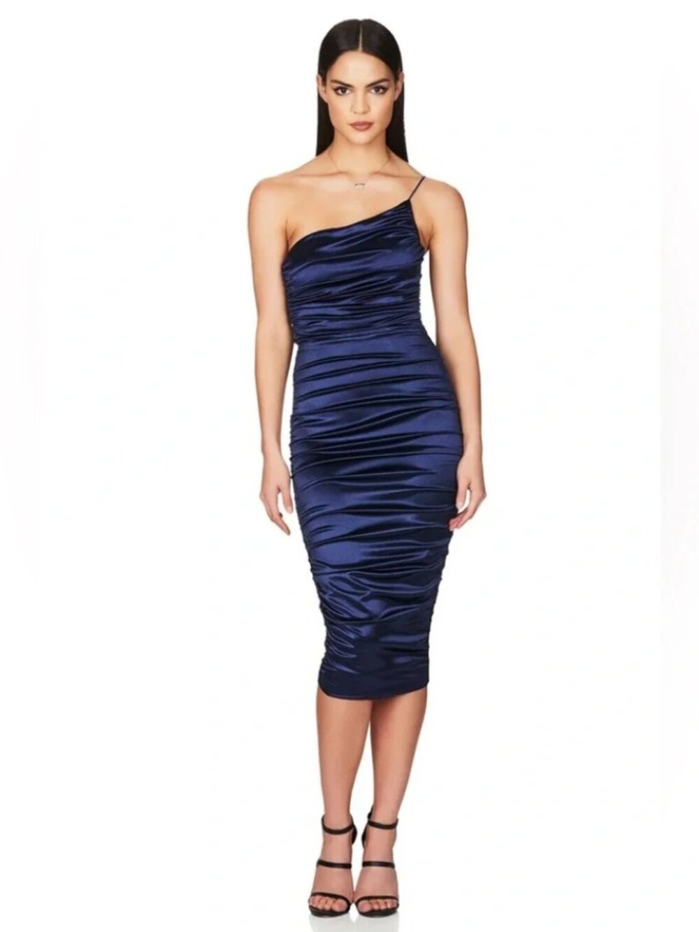 NWT Nookie Cupid Midi Dress Navy Blue Satin One Shoulder Ruched Party Size XS